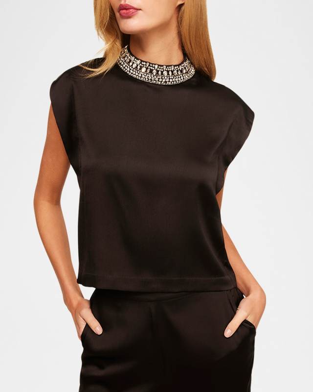 Riley Satin Embellished-Collar Top